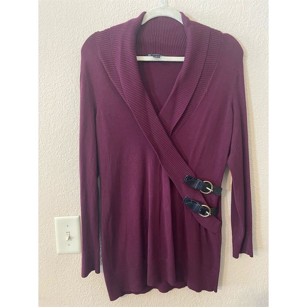INC Women's Red Surplice Buckle Tunic Sweater M Long Sleeve